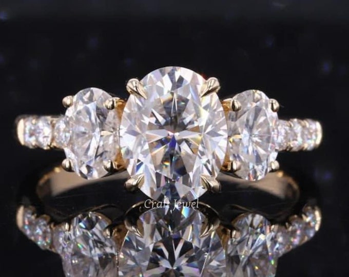 2 CT Three-Stone Oval Cut Moissanite Engagement Ring with Hidden Halo & Claw Prongs, Multi-Stone Wedding or Anniversary Gift for Her