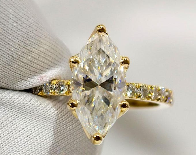 Marquise Cut Moissanite Engagement Ring in 14K White Gold, Six Prong Wedding Ring, Dainty and Timeless Bridal Jewelry For Women