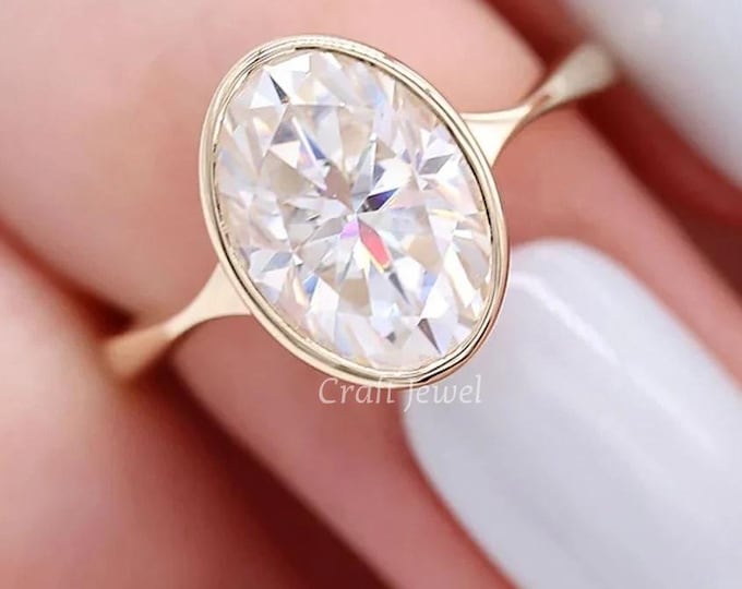 2.5CT Oval Cut Moissanite Solitaire Engagement Ring, Oval Cut Bezel Set Ring, Delicate Promise Anniversary Ring, Single Diamond Ring For Her