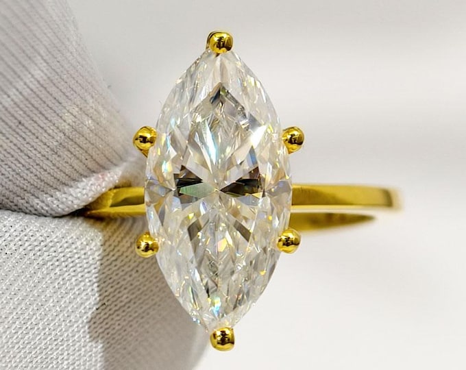2 Carat Marquise Cut Moissanite Solitaire Engagement Ring, Dainty Gold Anniversary Gift, Bridal Jewelry For Her