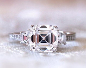3 CT Asscher Cut Moissanite Engagement Ring, Three Stone Moissanite Wedding Ring, Trilogy Ring For Women Three Diamond Anniversary Gift Ring