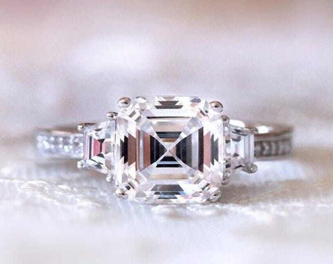 3 CT Asscher Cut Moissanite Engagement Ring, Three Stone Moissanite Wedding Ring, Trilogy Ring For Women Three Diamond Anniversary Gift Ring