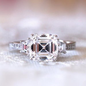 3 CT Asscher Cut Moissanite Engagement Ring, Three Stone Moissanite Wedding Ring, Trilogy Ring For Women Three Diamond Anniversary Gift Ring