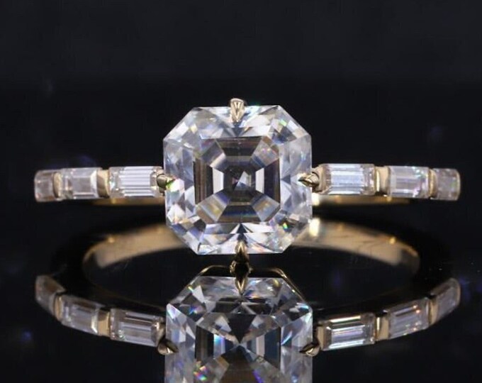 Asscher Cut 1.5CT Moissanite Wedding Ring Side Stone Baguette Cut Half Eternity Band Anniversary Ring Claw Prong Set Engagement Ring For Her