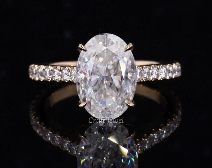 Oval Cut Moissanite Ring, Oval Cut 2.50 CT Engagement Ring, Hidden Halo Moissanite Anniversary Ring, Vintage Prong Set Wedding Ring For Her
