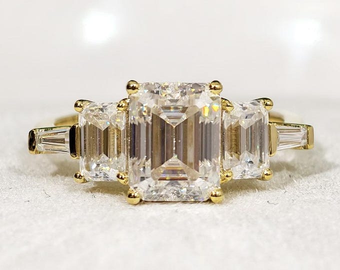 Five Stone Emerald Cut Moissanite Engagement Ring, Solid Yellow Gold Statement Ring, Unique Wedding Ring, Elegant Anniversary Gift For Her