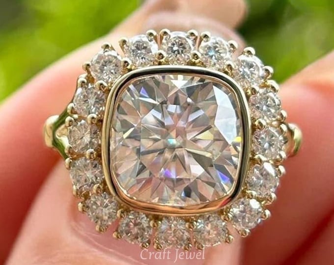3 CT Cushion Cut Moissanite Engagement Ring, Unique Cluster Halo Wedding Ring, Art Deco Bezel Set Anniversary Ring, Vintage Decorative Ring