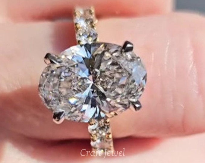 4.50 CT Oval Cut Moissanite Engagement Ring with Pave Set Side-Stones, Four Prong-Set Wedding Ring, Perfect Anniversary Gift for Her
