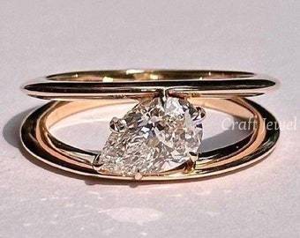 2.00 CT Pear Cut Solitaire Moissanite Engagement Ring, Split Shank Wedding Ring, East West Pear Diamond  Anniversary Ring For Her