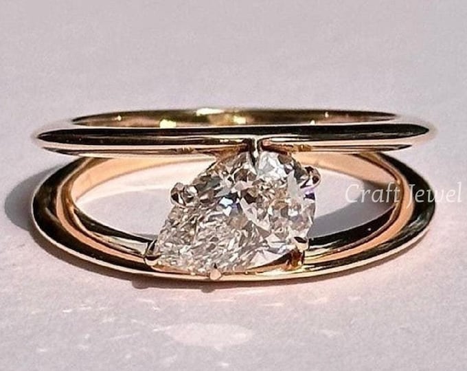 2.00 CT Pear Cut Solitaire Moissanite Engagement Ring, Split Shank Wedding Ring, East West Pear Diamond  Anniversary Ring For Her