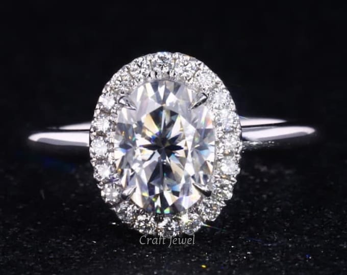 Classic Oval Halo Engagement Ring, Halo Diamond Ring, Oval Cut Moissanite Solitaire Ring, Promise ring, Wedding Ring, 14K White Gold Ring