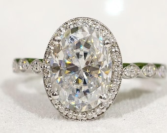 Oval Cut Halo Moissanite Engagement Ring, Antique Style Milgrain Band Art Deco Anniversary Gift For Wife, 14K Solid White Gold Wedding Ring