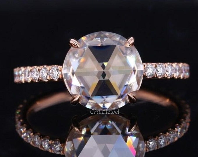 1.50 CT Round Rose Cut Moissanite\Lab Grown Engagement Ring, Rose Cut Solitaire With Accent Ring, Solitaire Wedding Ring, Anniversary Gifts