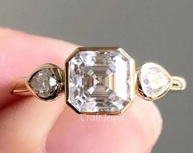 Asscher Cut Moissanite Three Stone Engagement Ring, Full Bezel Setting Anniversary Ring For Women, Side  Pear Accent Promise Ring For Her