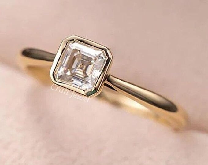 Asscher Cut Bezel Set Lab Grown Diamond Solitaire Engagement Ring