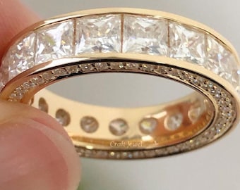 Princess Cut Moissanite Wedding Band, Channel Bezel Set Anniversary Band, Three Side Pave Promise Band, Eternity Stackable Band For Women