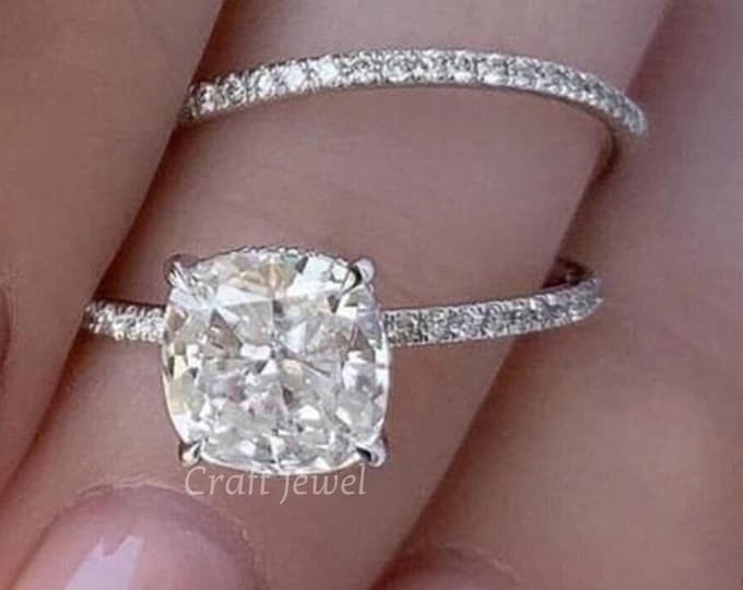 2.70 CT Cushion Cut Real Moissanite Engagement Ring 14k White Gold Cushion Solitaire Anniversary Ring Set Cushion Bridal Ring for Women