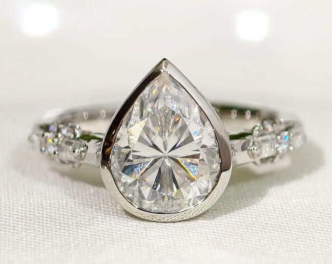 Pear Cut Moissanite Bezel Set Ring, Teardrop Solitaire Diamond Engagement Ring, Unique Cluster Statement Ring, Anniversary Gift For Her