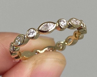 Wedding Band - Round & Marquise Cut Moissanite Full Eternity Ring, Bezel Set East West Marquise Diamond Band, anniversary gift.