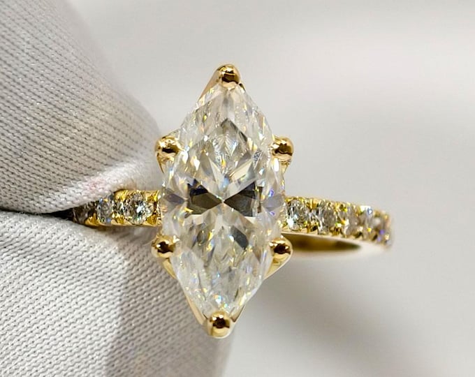 Marquise Cut Moissanite Engagement Ring in 14K White Gold, Six Prong Wedding Ring, Dainty and Timeless Bridal Jewelry For Women