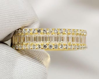 Baguette And Round Cut Moissanite Weding Band, Three Row Pave Half Eternity Anniversary Band, 14K Solid Gold Promise Gift For Her