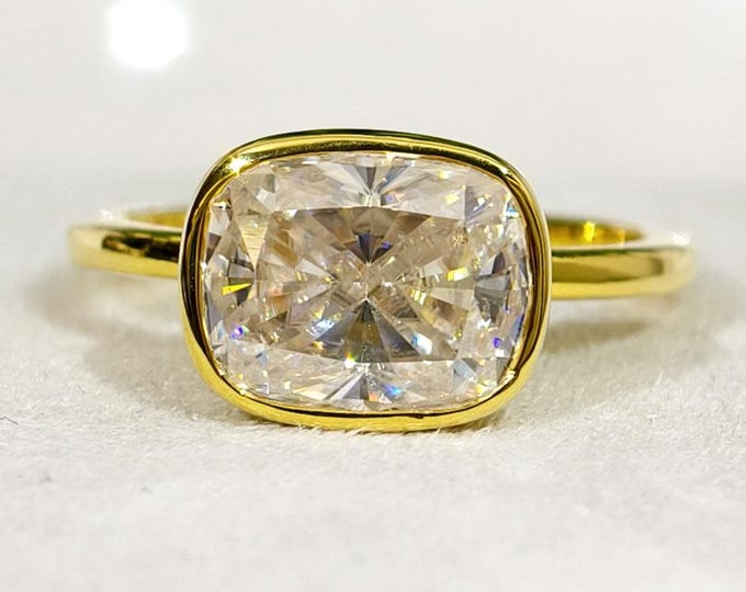 Elongated East West Bezel Set Moissanite Ring, 3 CT Elongated Cushion Cut Bezel Set Ring, Solid Gold Ring, Best unique Gift for Valentine.