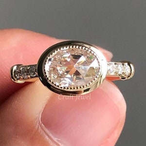 2.20 CT East West Oval Rose Cut Moissanite Engagement  Ring, Bezel Set Wedding Bridal Ring For Her, Half Eternity Band, Promise Ring For Her
