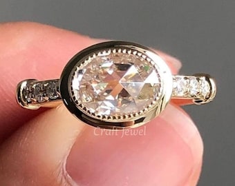 2.20 CT East West Oval Rose Cut Moissanite Engagement  Ring, Bezel Set Wedding Bridal Ring For Her, Half Eternity Band, Promise Ring For Her