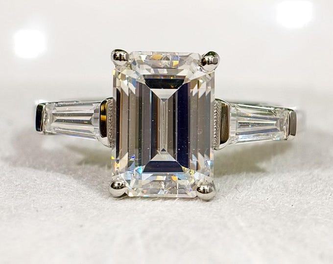 Emerald Cut Moissanite Ring, Tapper Baguette Side Stone Engagement Ring, Three Stone White Gold Statement Ring, Timeless Bridal Jewelry