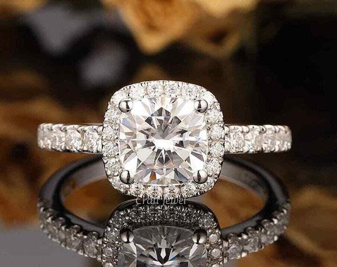 Cushion Cut Moissanite/Lab Grown Engagement Ring, Halo Wedding Ring, Halo Anniversary Ring, Solitaire Accent Square Diamond Rings For Her