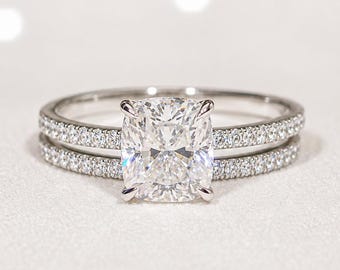 Cushion Cut Lab Grown Diamond Hidden Halo Pave Bridal Ring Set, IGI Certified Lab Diamond Wedding Ring Set, Stackble Ring Set Gift For Her