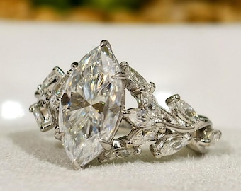 Vintage Style Marquise Cut Moissanite Ring, Leaf And Wine Art Deco Anniversary Ring, Nature Inspire Wedding Ring, Customized Birthday Gift