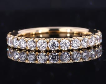 Round Cut Diamond Moissanite Wedding Band, Simple Full Eternity Moissanite Anniversary Band, Stackable Matching Promise Band, Gift for Women