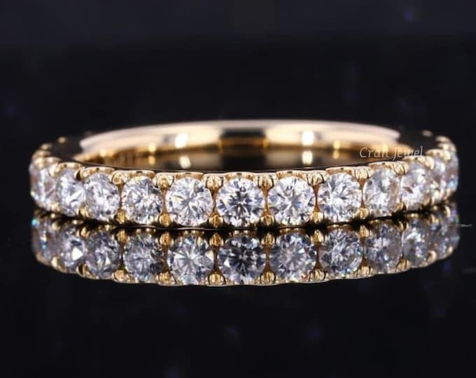 Round Cut Diamond Moissanite Wedding Band, Simple Full Eternity Moissanite Anniversary Band, Stackable Matching Promise Band, Gift for Women