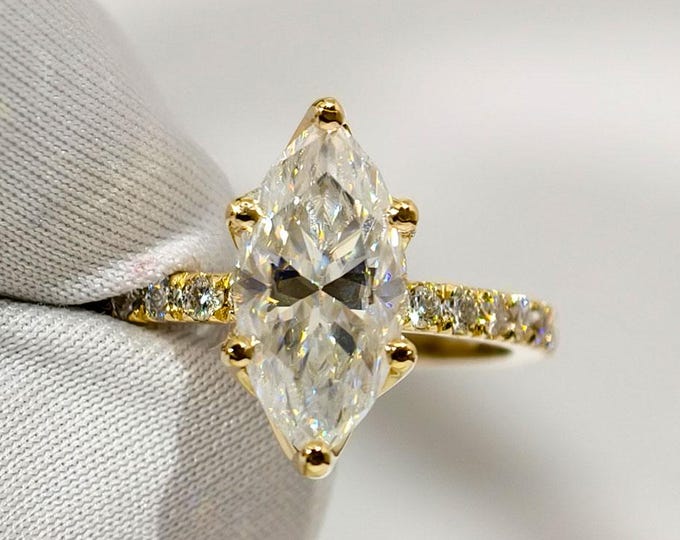 Marquise Cut Moissanite Engagement Ring in 14K Yellow Gold, Six Tulip Petal Prong Wedding Ring, Custom Handmade Bridal Jewelry For Women