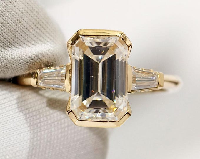 Emerald Cut Three Stone Moissanite Engagement Ring, 14K Yellow Gold Half Bezel Setting Hidden Halo Wedding Ring