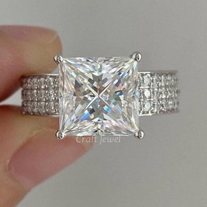 Princess Cut Moissanite Engagement Ring Three Row Pave Setting Thick Band Wedding Ring Anniversary Gift For Women Unique Square Diamond Ring