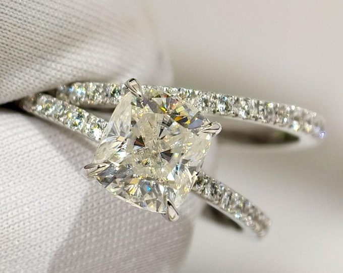 Cushion Cut Lab Grown Diamond Wedding Ring Set, IGI Certified Hidden Halo Diamond Bridal Set