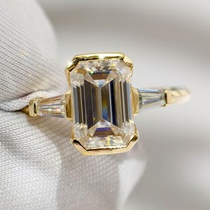 2 CT Emerald Cut Moissanite Engagement Ring, Three Stone Wedding Ring, Half Bezel Set Baguette Cut Side Tapper Ring Anniversary Ring For Her