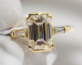 2 CT Emerald Cut Moissanite Engagement Ring, Three Stone Wedding Ring, Half Bezel Set Baguette Cut Side Tapper Ring Anniversary Ring For Her