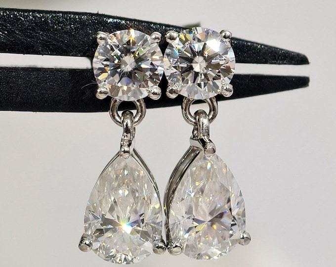 Pear And Round Cut Moissanite Diamond Drop Dangle Wedding Earrings, Teardrop Dangle Earrings, 14K Solid White Gold Handmade Bridal Jewelry