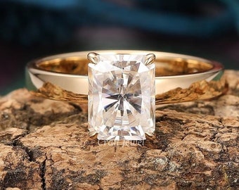 Radiant Cut Moissanite Solitaire Engagement Ring, Radiant Cut Thick Band Wedding Ring, Classic Solitaire One Diamond Anniversary Gift Ring