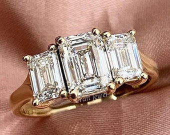 Emerald Cut Three Stone Engagement Ring, 1.50 CT Emerald Cut Moissanite Ring, Three Diamond Anniversary Ring, Unique Jewelry Gift For Her