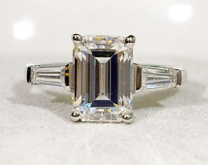 3 Ct Emerald Cut Moissanite Engagement Ring, Three Stone Wedding Ring In White Gold, Side Tapered Baguette Diamond Trilogy Anniversary Gift