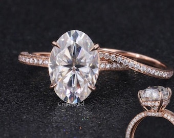 Oval Cut Engagement Ring Set, 4 CT Oval Cut Wedding Ring Set, 14K Solid Rose Gold Invisible Halo Pave Set Bridal Ring Set, Daily Wear Ring