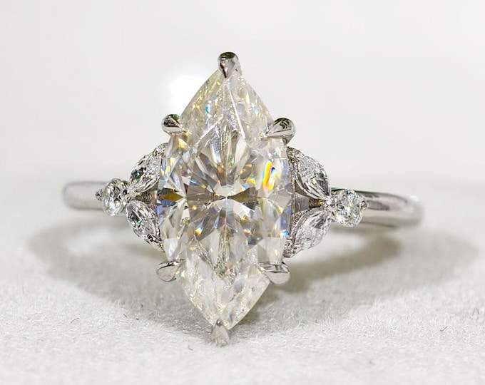 Marquise Cut Moissanite Engagement Ring, Cluster Diamond Wedding Ring In 18K White Gold, Luxury Statement Ring, Elegant Bridal Jewelry