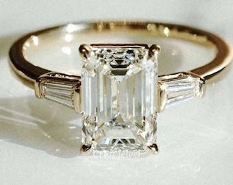 Three Stone Emerald Cut Moissanite Engagement Ring, Solitaire Moissanite Wedding Ring, Emerald Cut Side Tapper Baguette Cut Anniversary Ring