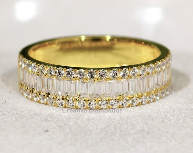 Baguette And Round Cut Eternity Wedding, Dazzling Moissanite Stacking Band For Her, Meaningful Engagement or Anniversary Jewelry