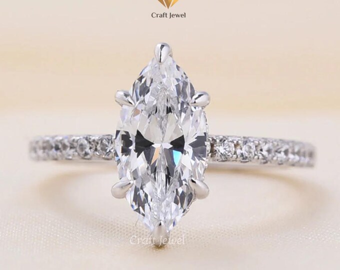 Marquise Cut Solitaire With Accent Engagement Ring, 2 CT Marquise Cut Moissanite Hidden Halo Solitaire Wedding Ring For Her Anniversary Gift