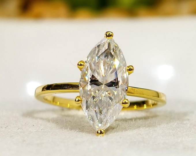 Solitaire Diamond Engagement Ring, Marquise Cut Moissanite Anniversary Ring, Six Prong Set Wedding Ring, Custom Birthday Gift